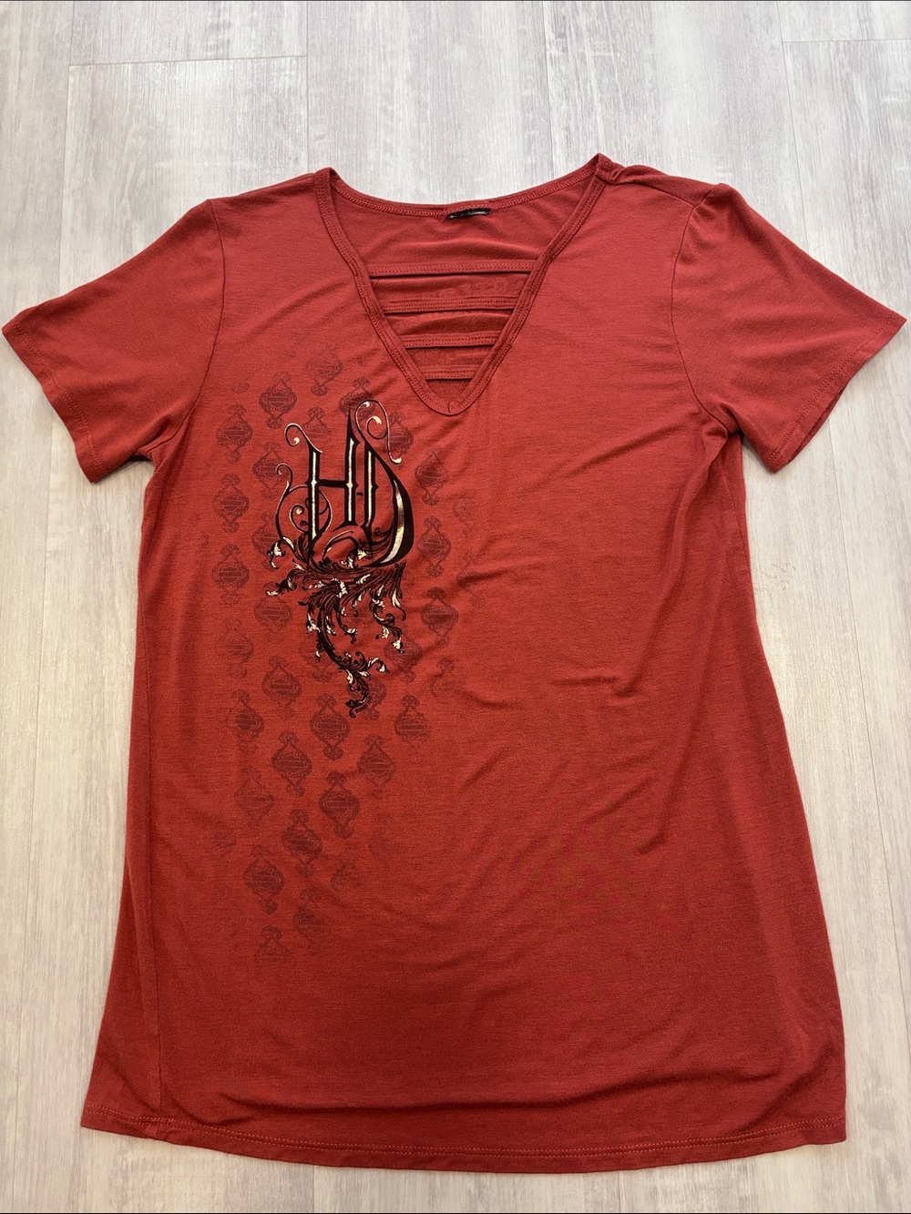Harley-Davidson Women's Short Sleeve V-Neck Top in Rust Red with Graphic